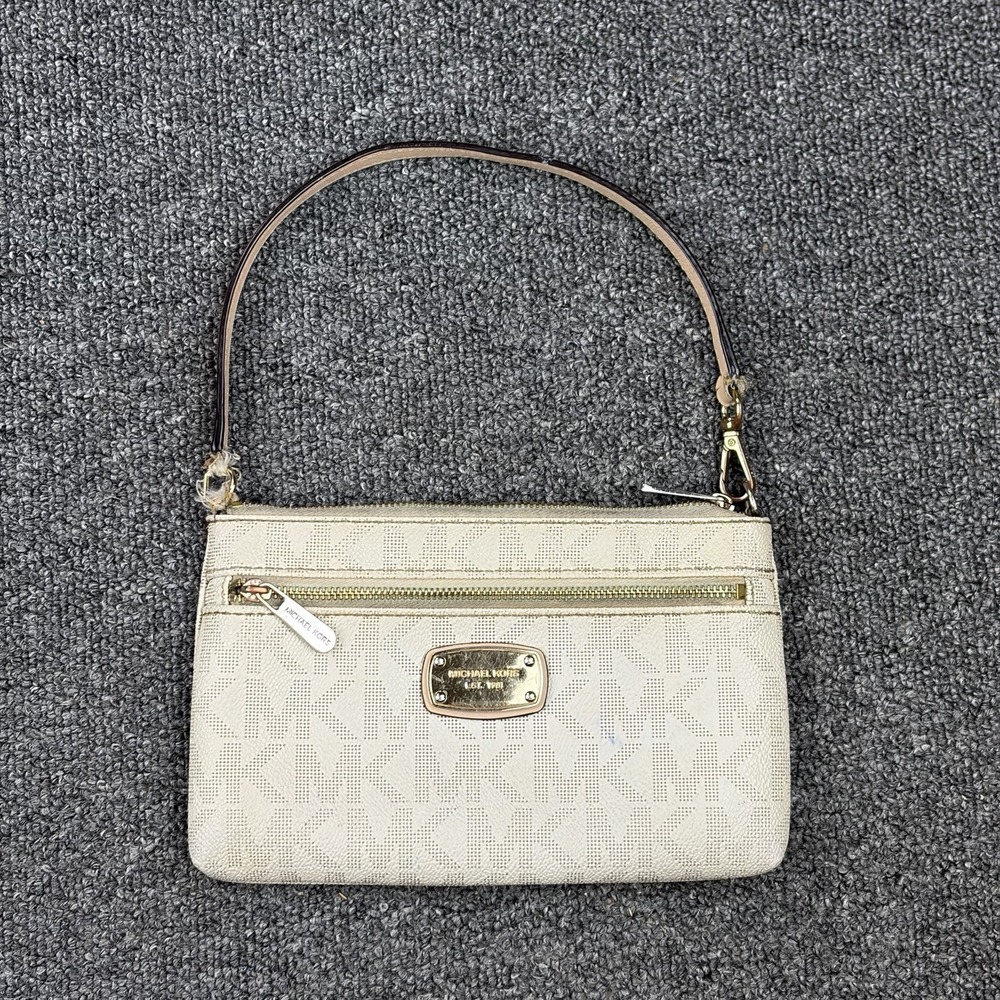 Michael Kors MK Signature Vanilla Wristlet Zip Pouch Wallet Purse Beige Cream